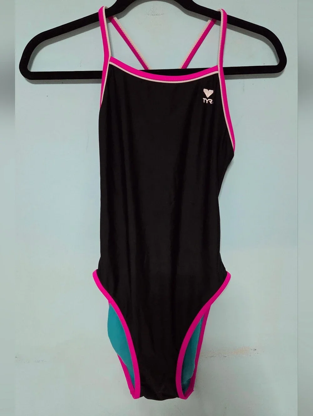 TYR Black and Teal One-Piece Swimsuit with Pink Trim Reversible